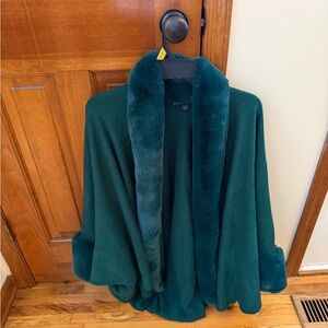 Boston Proper Teal Cape with Faux Fur Trim